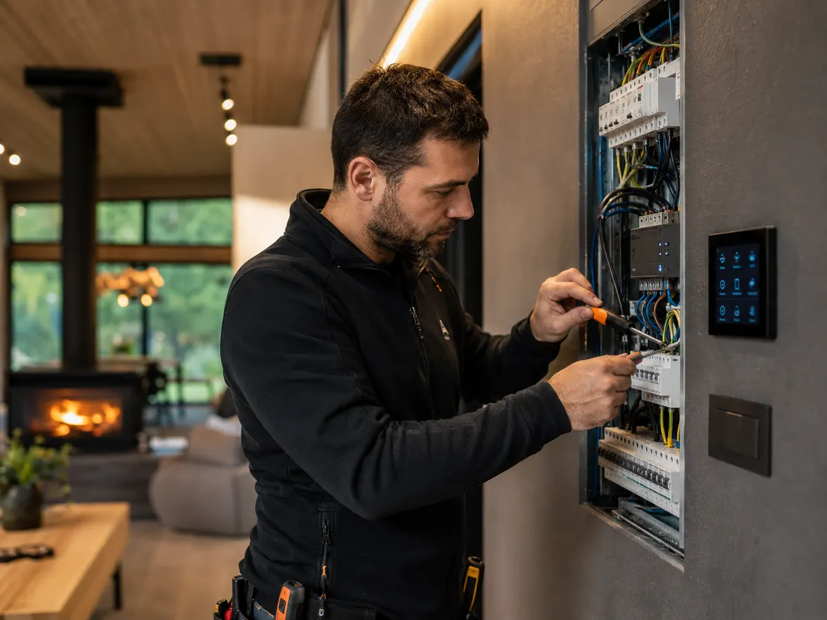 Électricien intervenant sur le tableau électrique d'un chalet