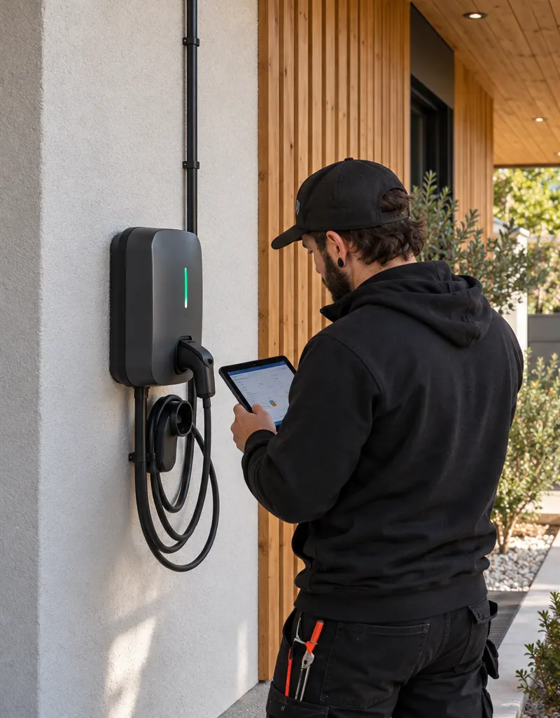 Électricien configurant une borne de recharge murale à l'entrée d'un chalet