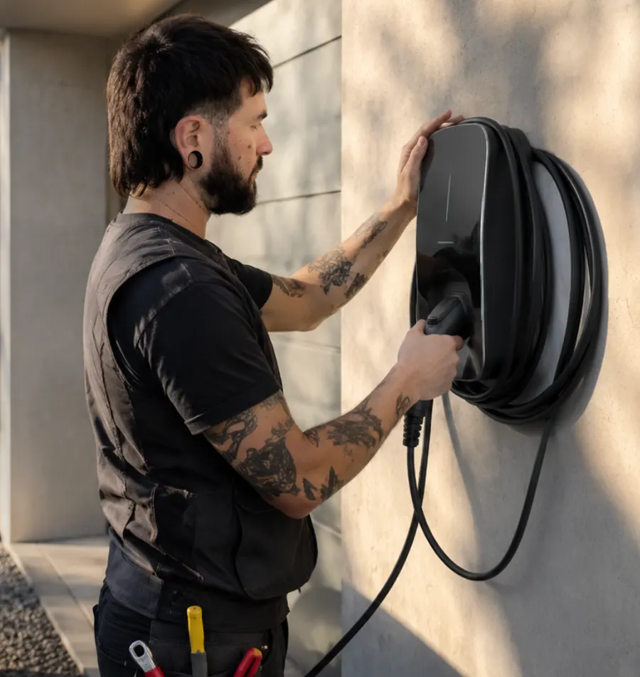 Pose d'une borne de recharge murale avec câble enroulé